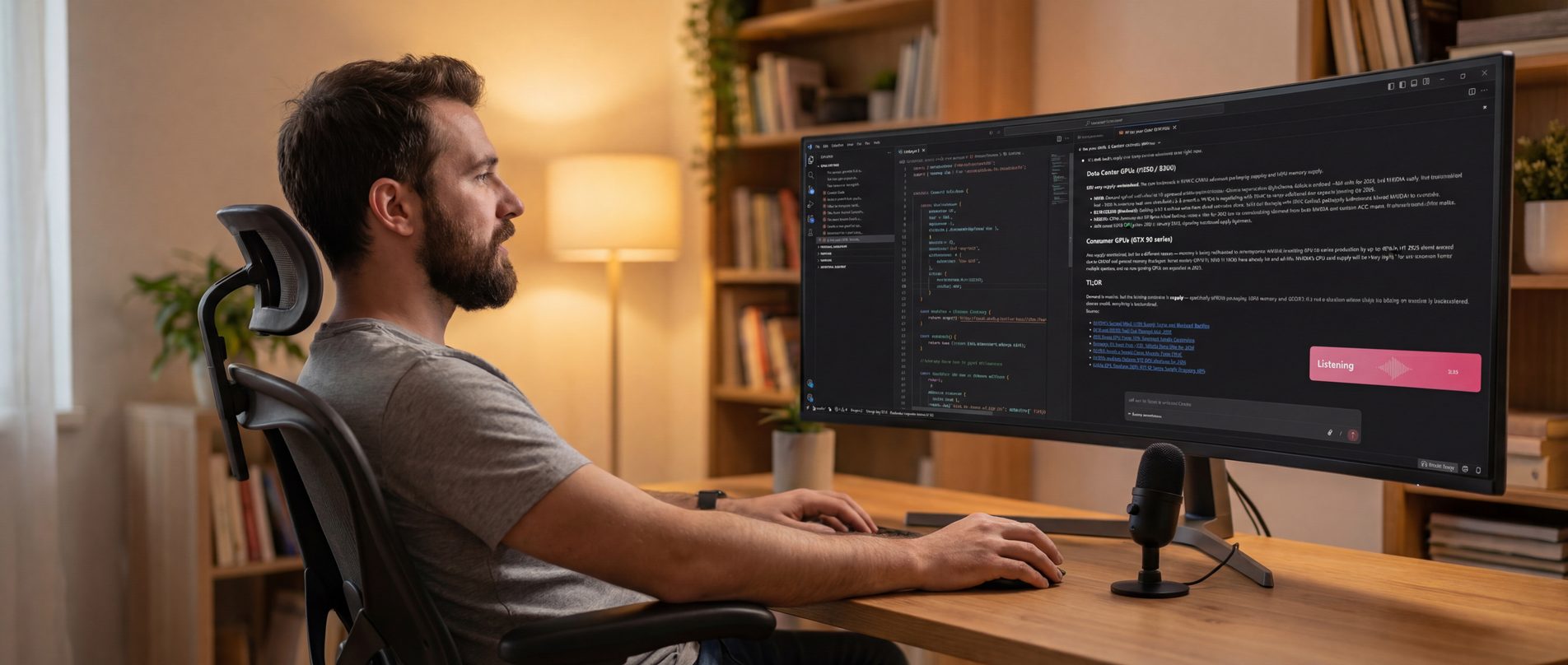 Developer using voice dictation with Claude Code in VS Code, WhisperTyping listening indicator visible on screen