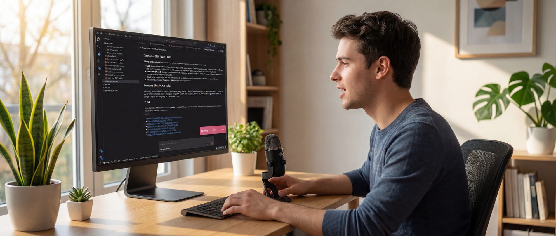 Developer using voice dictation with AI coding assistant at a home office desk