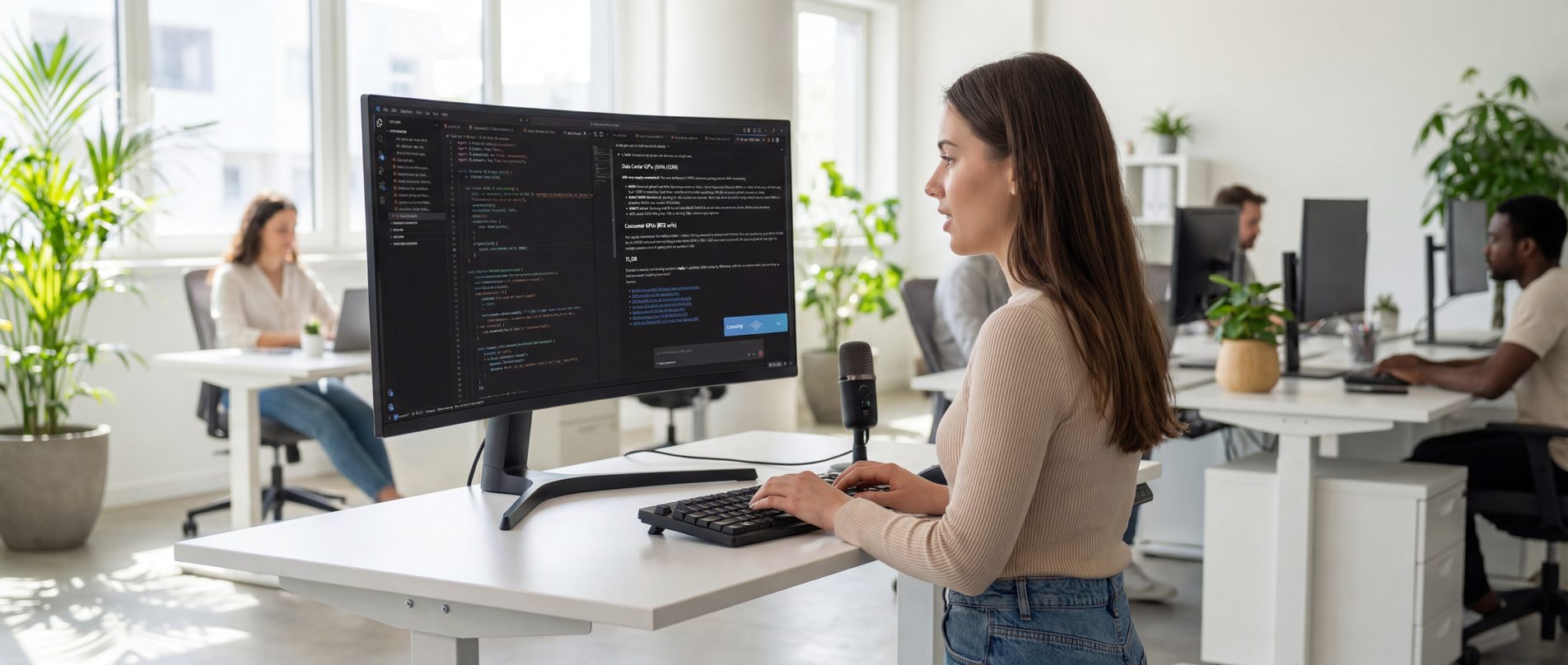 Developer speaking to AI coding assistant with WhisperTyping voice dictation in a modern office
