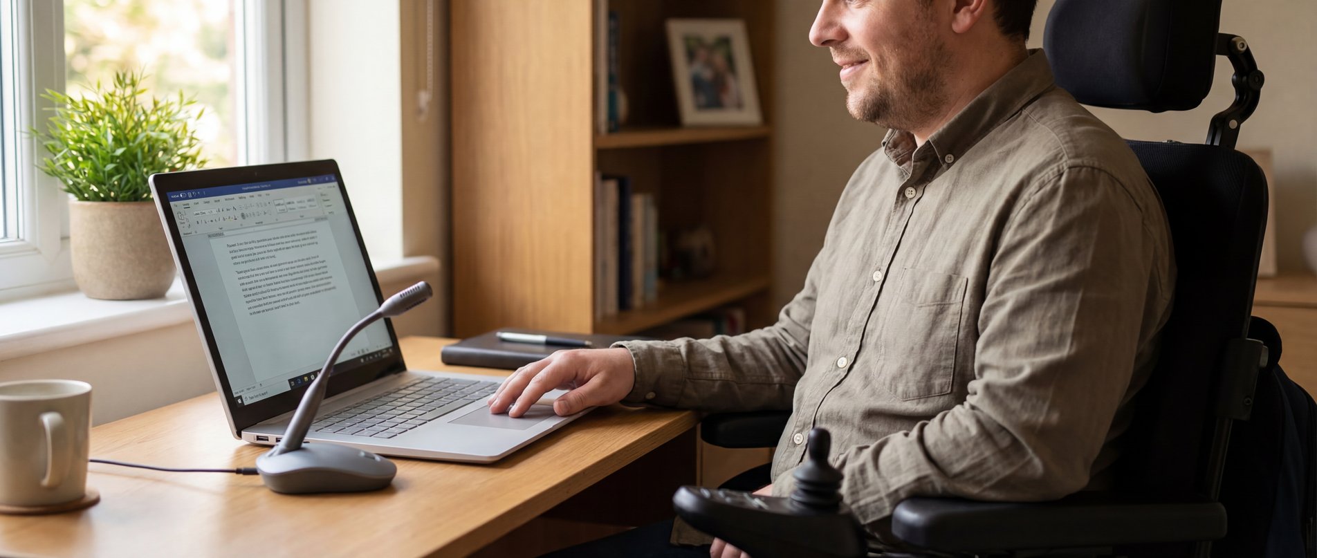 Person using WhisperTyping voice dictation with a desk microphone at a Windows laptop