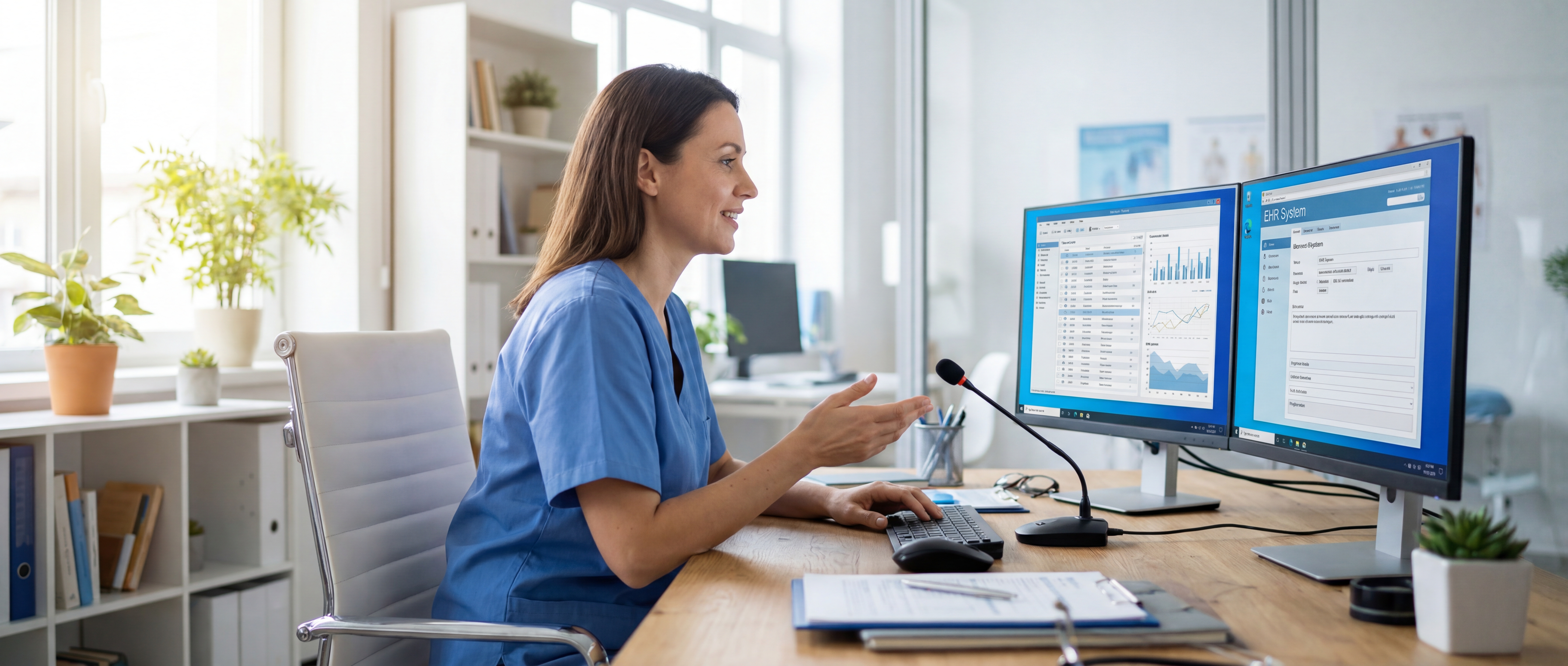 Physician using voice dictation at medical office workstation