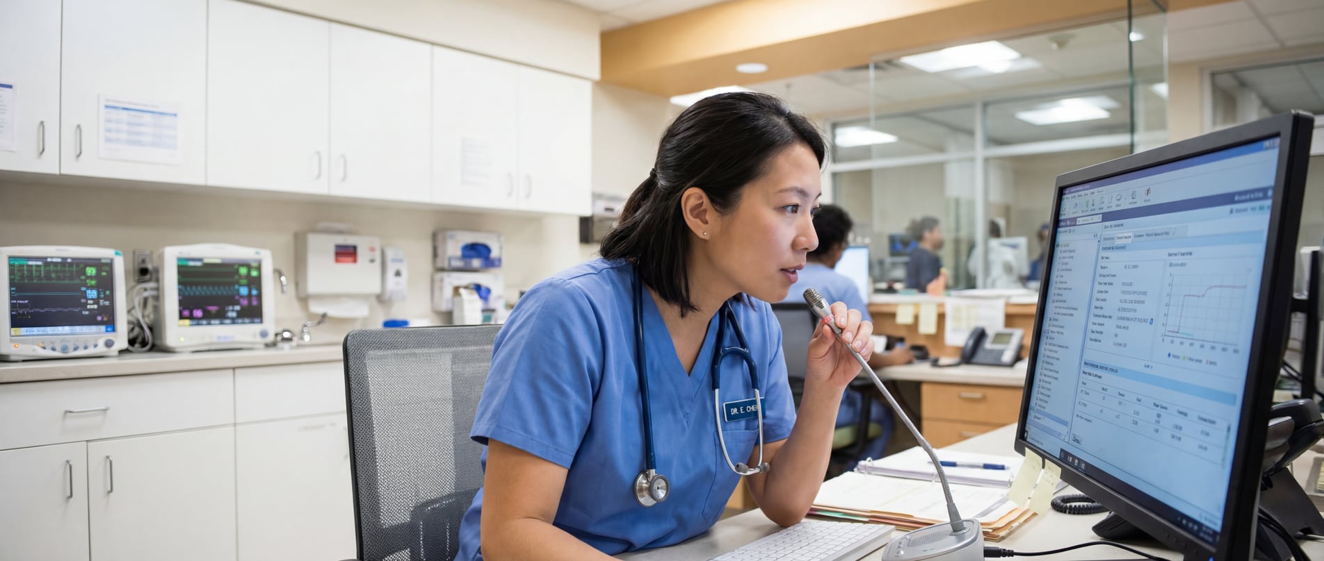Physician using voice dictation at hospital workstation