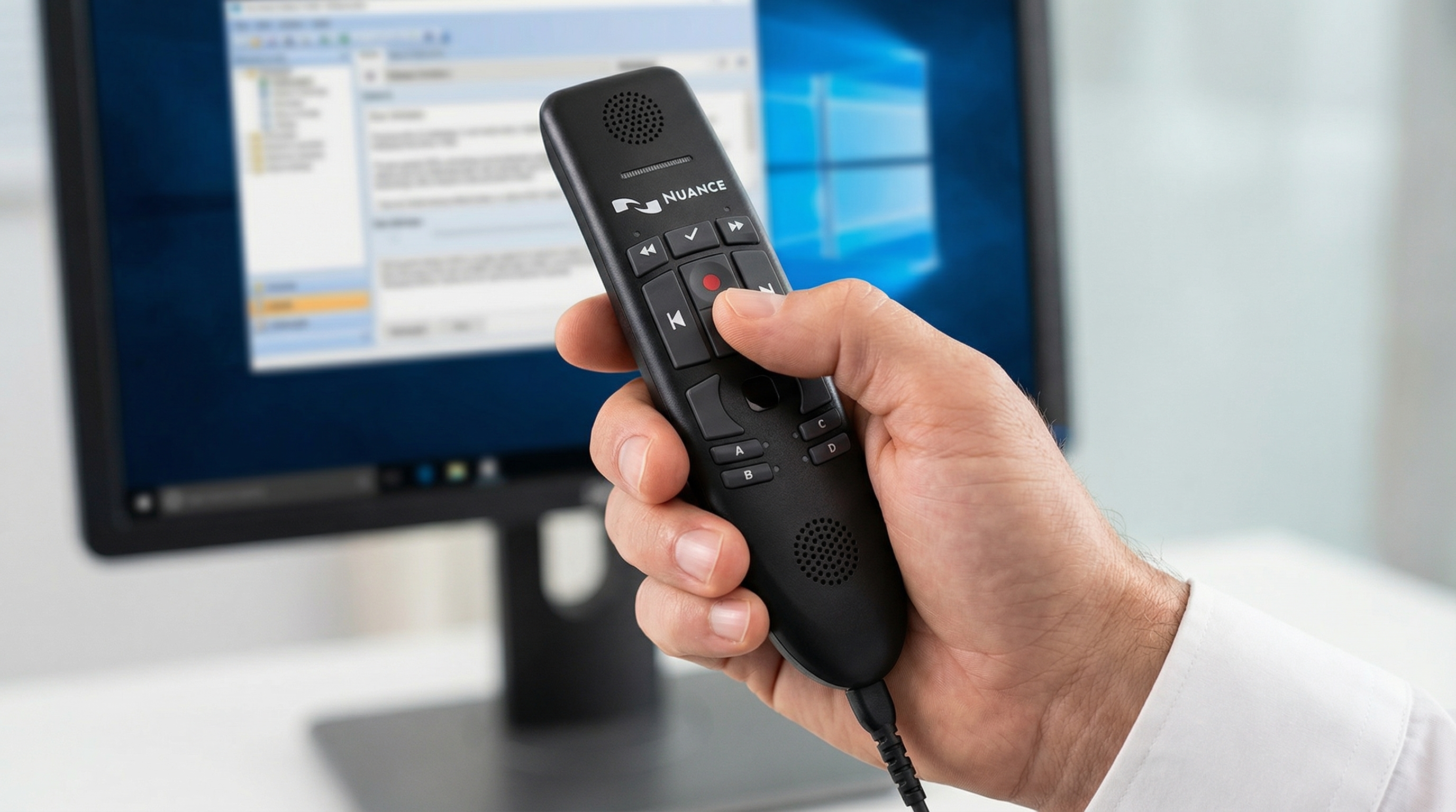 A hand holding a Nuance PowerMic 4 dictation microphone