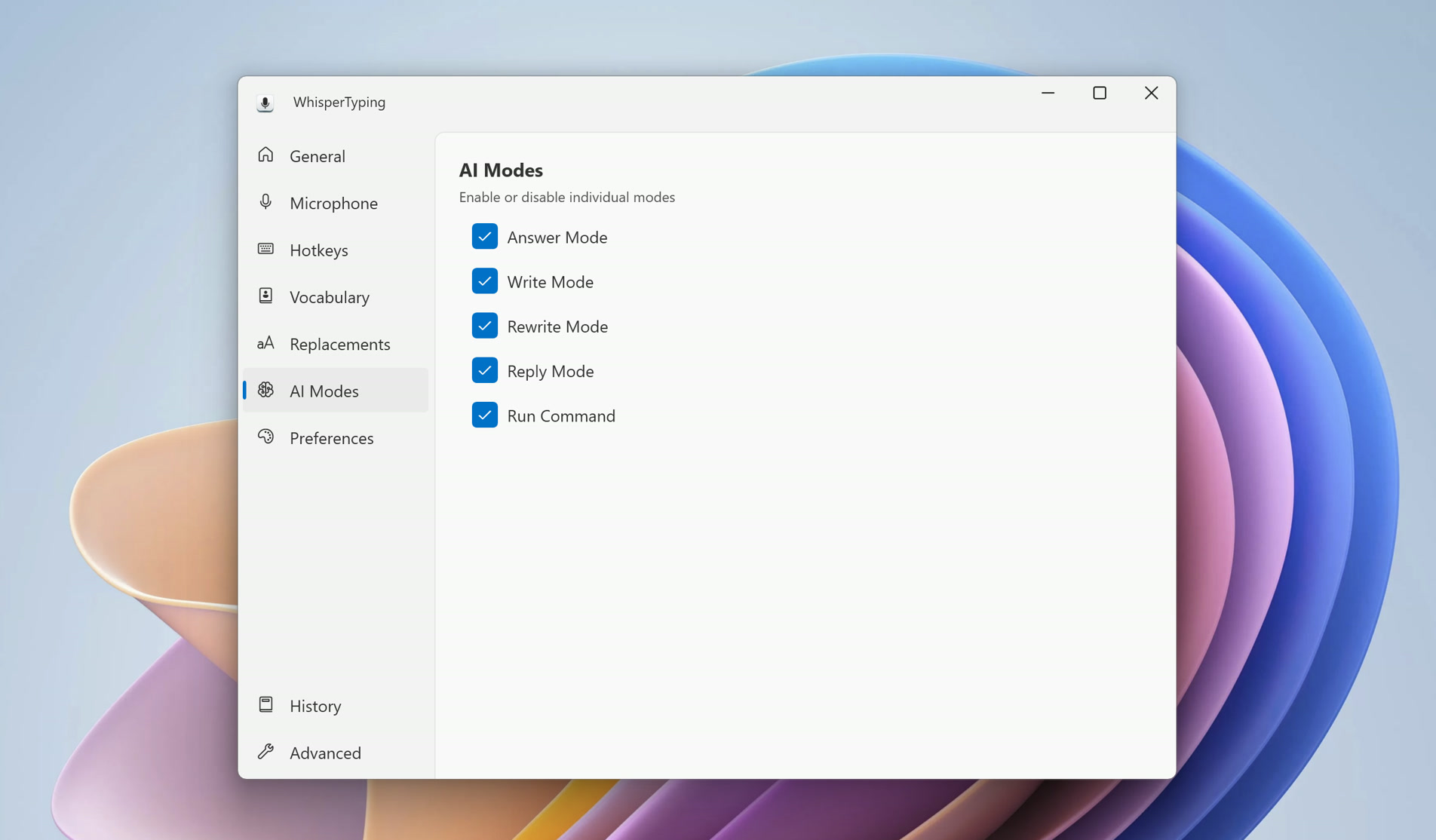 AI Modes settings page with voice command options