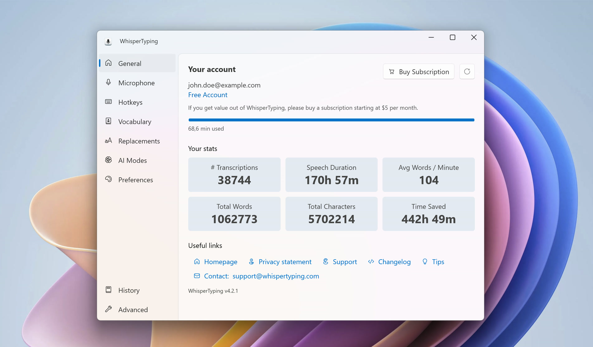 General settings page showing account info, stats, and time saved