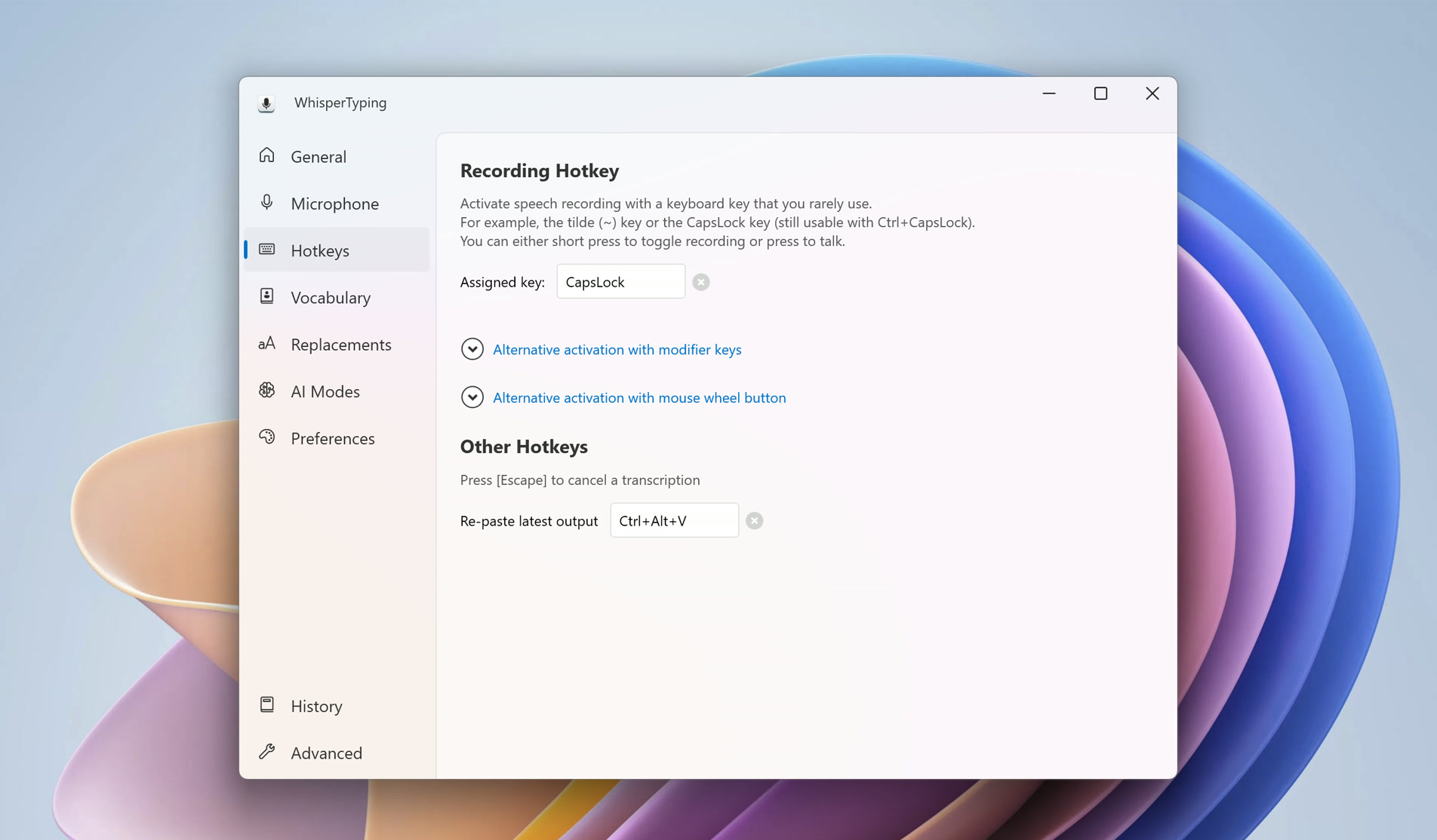 Hotkeys and activation settings page