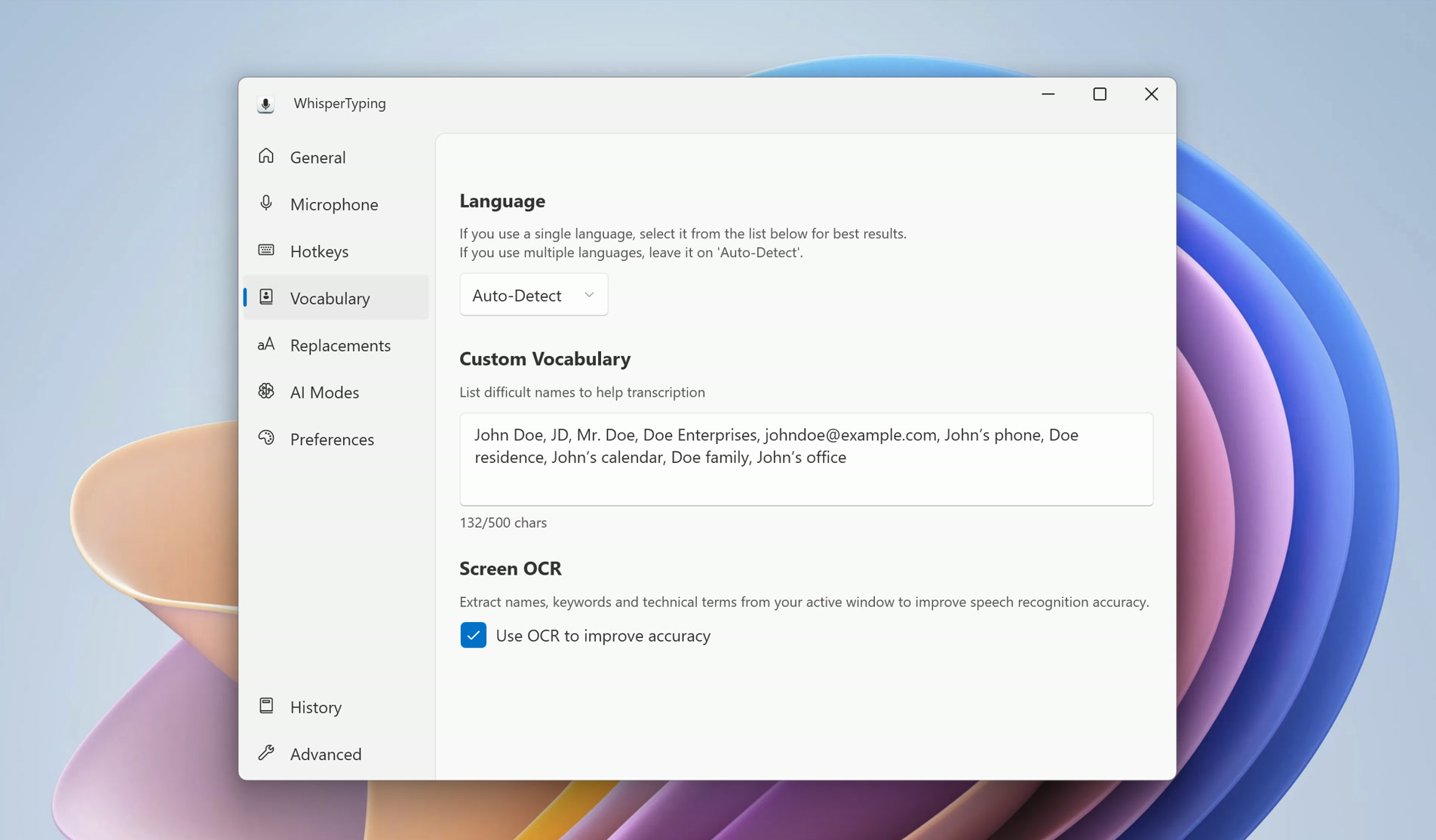 Vocabulary settings page with language, custom vocabulary, and OCR options