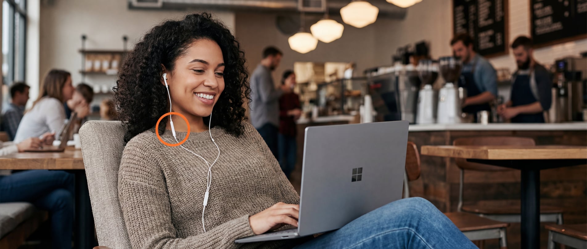 Person working in a busy cafe with wired earphones - the inline microphone on the cable is highlighted with a circle