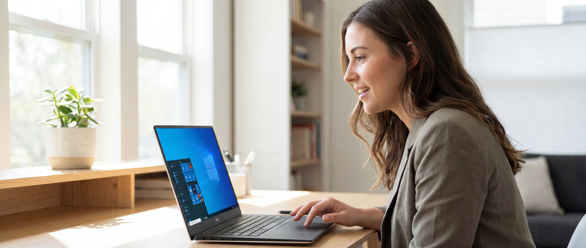 Woman using voice dictation on a Dell XPS laptop in a modern home office