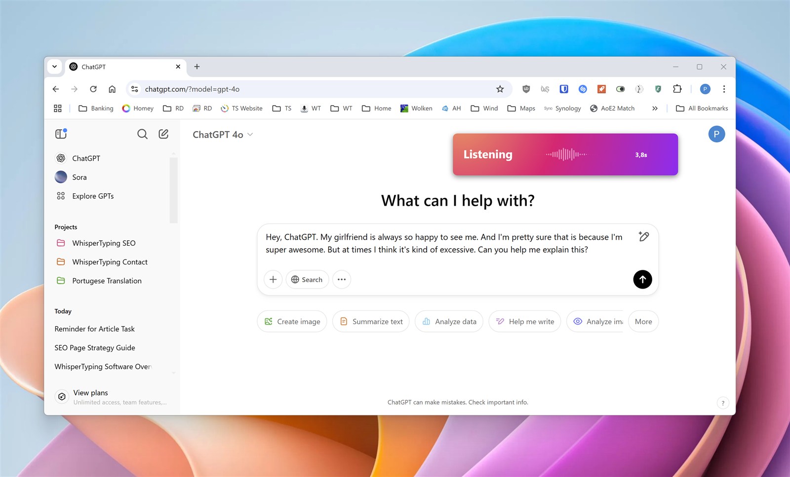 WhisperTyping dictating a prompt to ChatGPT with the listening indicator visible