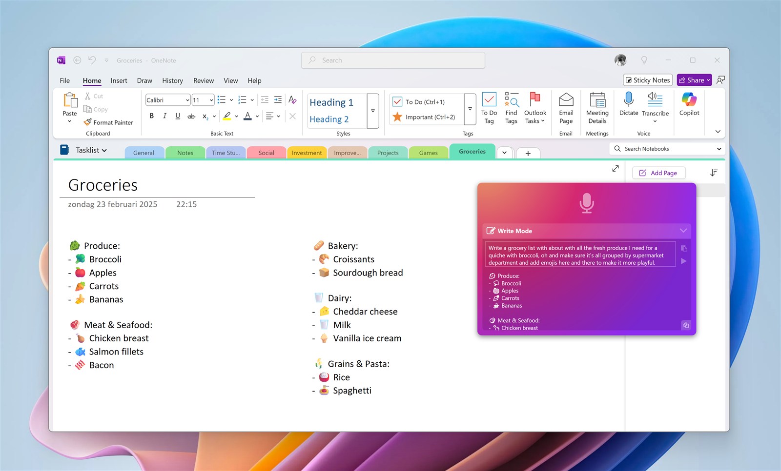 WhisperTyping Write Mode creating a grocery list in OneNote with emojis